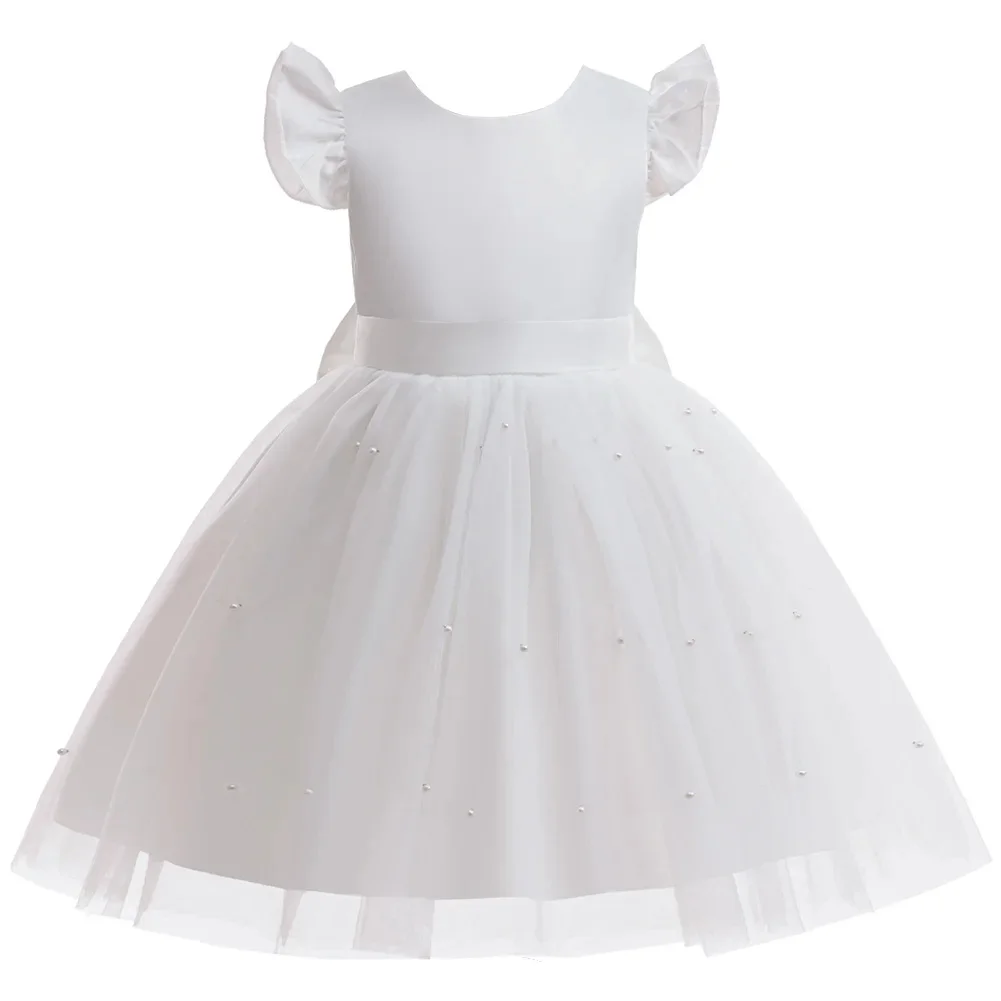 Children White Wedding Dress for Baptismal Kids Girls Summer Princess Dress with Headwear Birthday Gift Elegant Party Dress 4-8Y