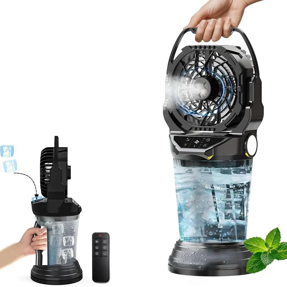 4-speed and 2-liter capacity spray portable intelligent timer rechargeable camping fan with three brightness modes control.