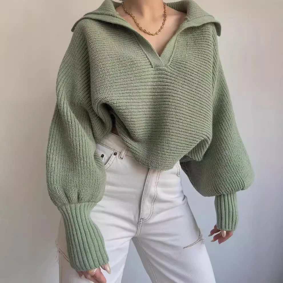 

Cozy Oversized Lantern Sleeve Sweater Casual Loose Cropped Sweater V Neck Collar Knit Sweater Autumn Winter Chunky Pullover
