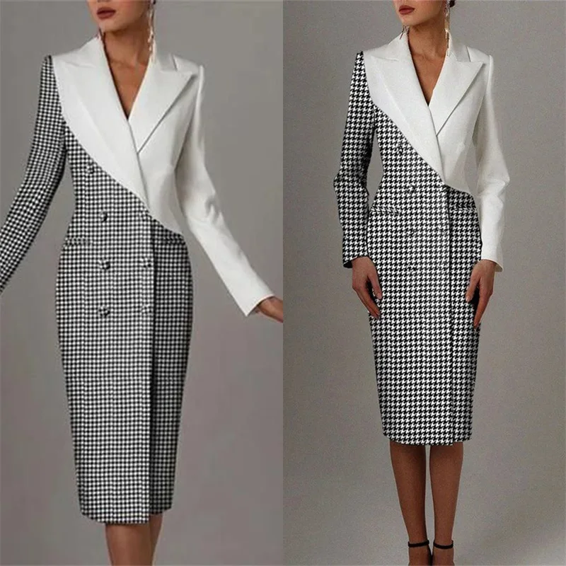 Jas Wanita Houndstooth Fashion Blazer Panjang Gaun Prom Warna Sambungan Kantor Gaun Malam Berkancing Dua Baris Mantel Jaket Sesuai Pesanan