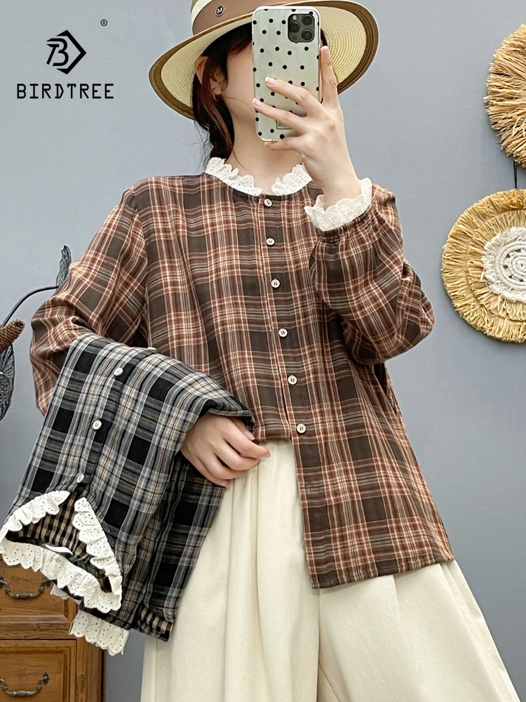 

New 2025 Autumn Cotton Yarn Long Sleeve Shirt, Women Ruffled Plaid, Mori Girl Fashion Age Reduction Chic Loose Blouse T59150CC