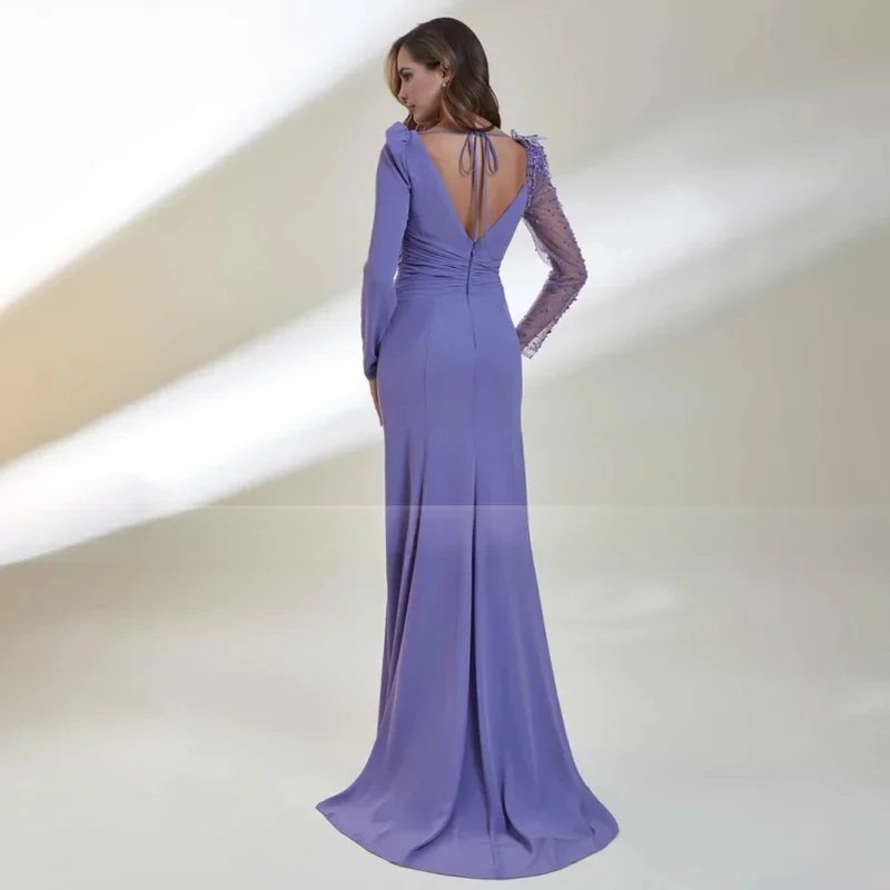 Purple Wedding Guest Gowns for Women 2023 Mermaid Side Split Beading Long Sleeves Backless Luxury Mother of the Bride Dreses