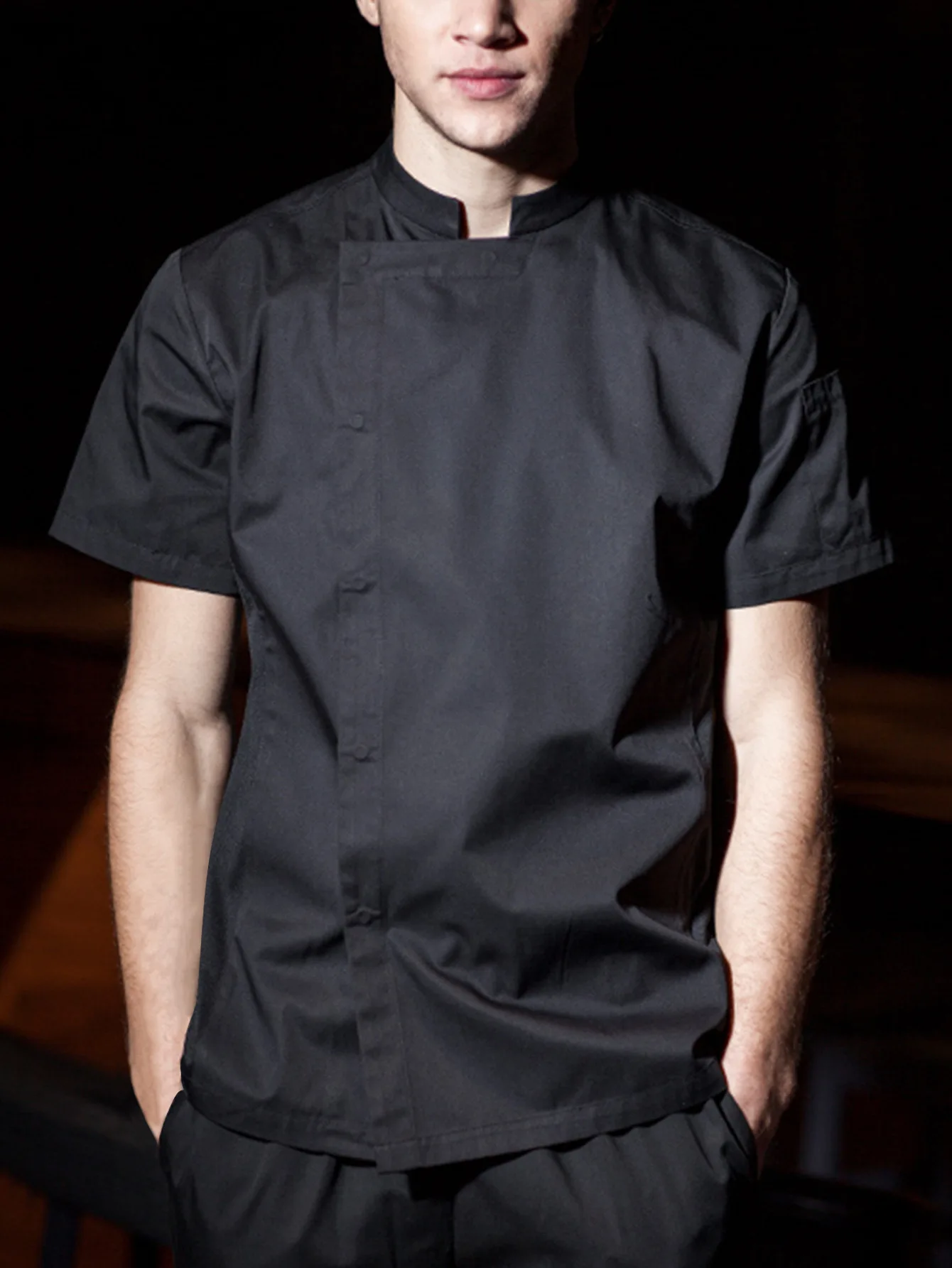 Effen heren koksuniform met opstaande kraag en korte mouwen, olie- en vuilafstotend, comfortabele professionele kleding