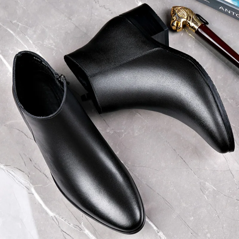 British Business Leather Boots for Men High Heels Pointed Toes and Fleece Chelsea Boots Genuine Leather Side Zipper Male Shoes