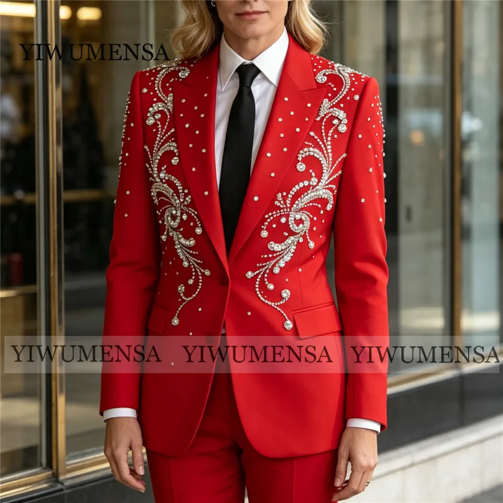 Luxury Pearls Beaded Suits Women 2 Piece Sets Single Breasted Prom Blazer Customized Lady Business Outfits Mother Of Bride Dress