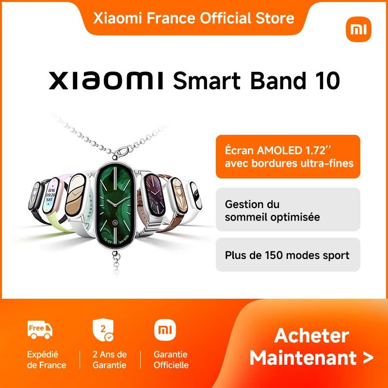 Xiaomi France | Xiaomi Smart Band 10 , Écran AMOLED 1.72’’ avec bordures ultra-fines, Gestion du sommeil optimisée avec accompagnement personnalisé, Plus de 150 modes sport