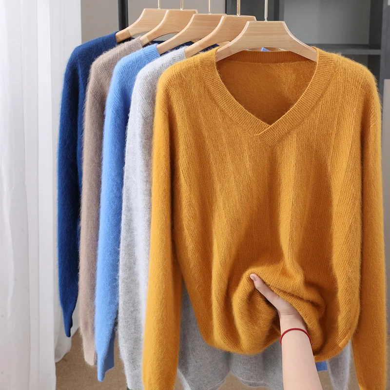 

Осень-зима, мужской пуловер из 100% норки и кашемира, свитер с v-образным вырезом, классический деловой повседневный свободный трикотаж с длинными рукавами, топы