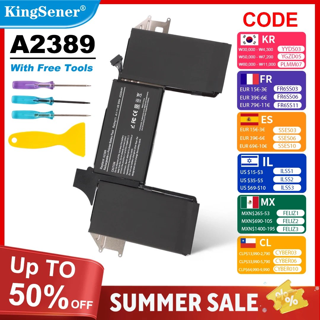 

KingSener A2389 Battery For Apple MacBook Air 13" Touch A2337 2020 2021 EMC3302 A2337 EMC3598 MGN63LL MGN73LL MWTJ2 49.9WH