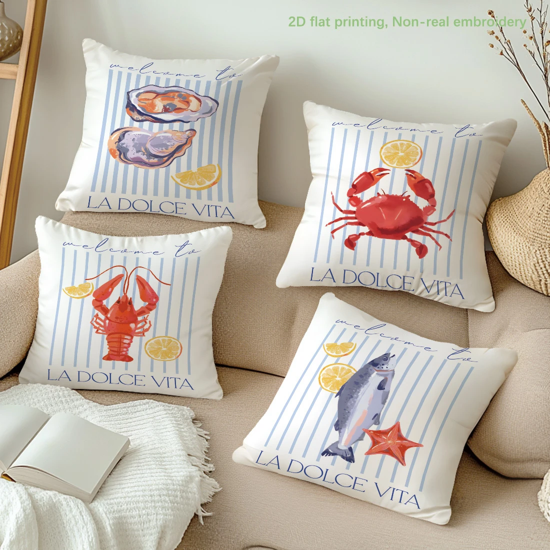 1PC 2D Flat Coastal Seafood Themed Throw Pillow Covers LA DOLCE VITA Nautical Ocean Decor Cushion Cases No Pillow Core