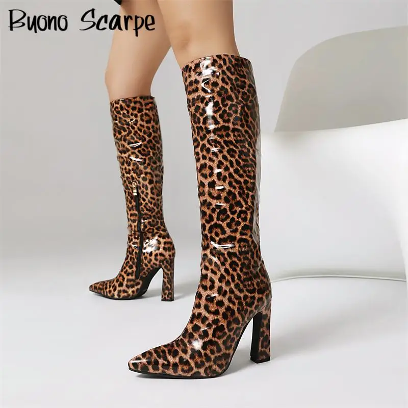 

Western Style Patent Leather Pointed Toe Stretch Knee High Women Boots Leopard Large Size Zipper Fashion Sexy Party Ladies Shoes