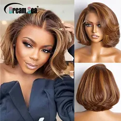 200 Density Blonde Highlight Short Bob Human Hair Wigs C Part 13x4 Lace Frontal Wig Pixie Cut Cut Brazilian Remy Hair For Women