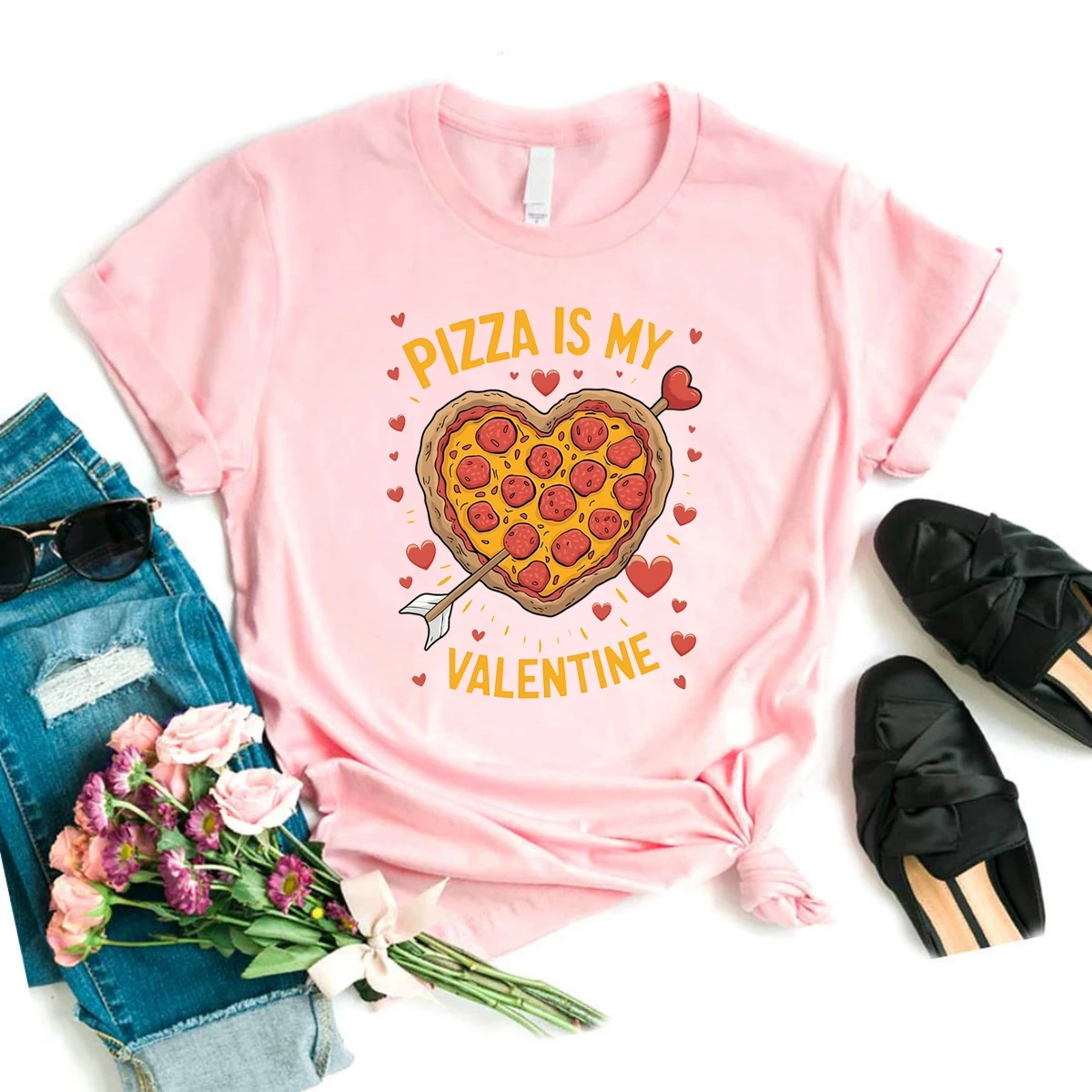 

Love Hearts Valentine'S Day Gift T-Shirt Femme Pizza Is My Valentine Graphic Printed T Shirt Women Summer Fashion Tops Tee Shirt