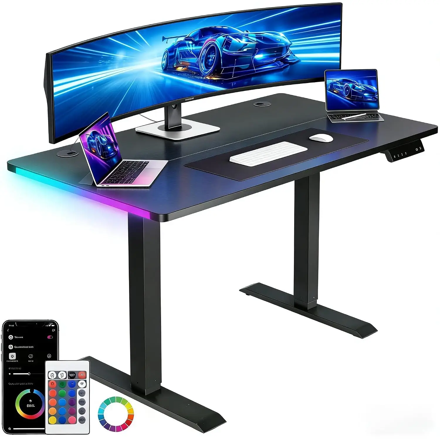 Electric Standing Desk Height Adjustable Gaming Computer Desk with LED Lights Mouse Pad Home Office, Pure Black, Customized