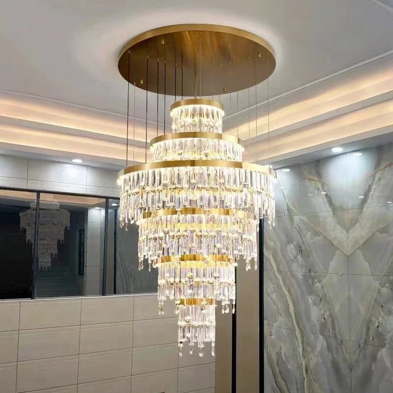 

Modern Crystal Chandelier For Staircase Living Room Led Luxury Home Decor Light Creative Design Lamp Gold Round Cristal Lusre