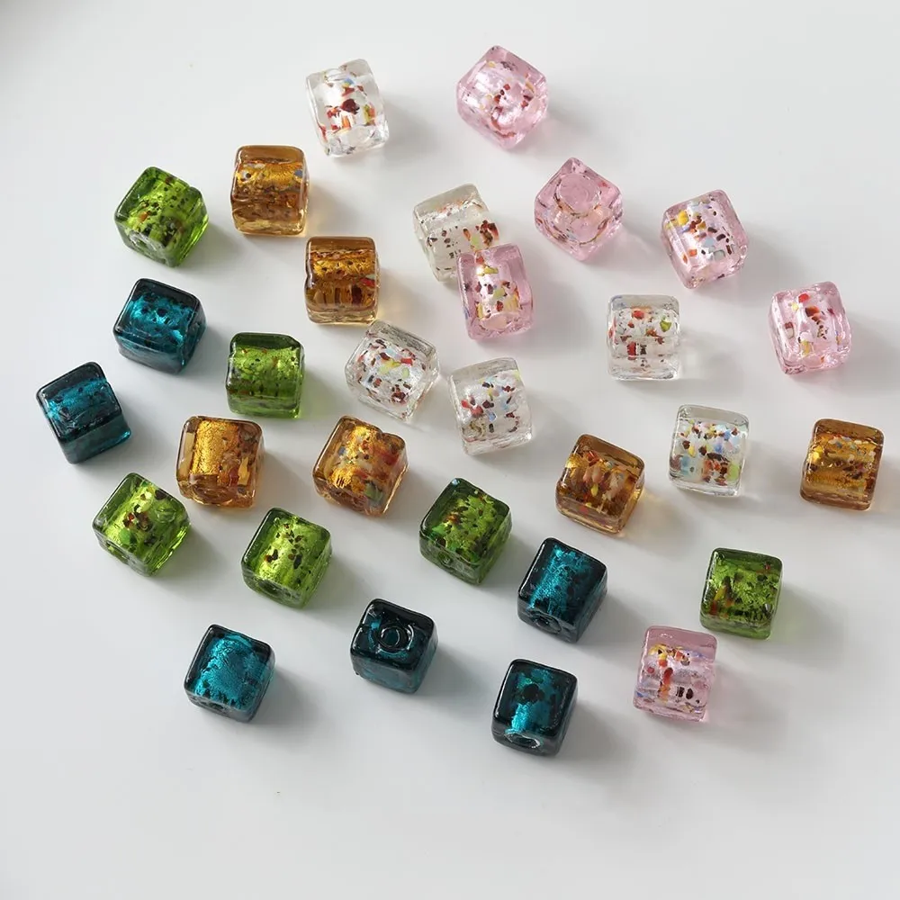 5PCS 11mm Square Silver Foil Glass Glaze Straight Hole Lampwork Beads DIY Making Supplies Jewelry Making Material Accessories