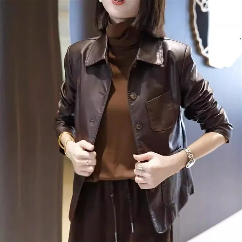 Preto marrom jaqueta de couro feminino 2025 primavera outono novo polo pescoço moda único breasted solto bolso outwear casaco de couro