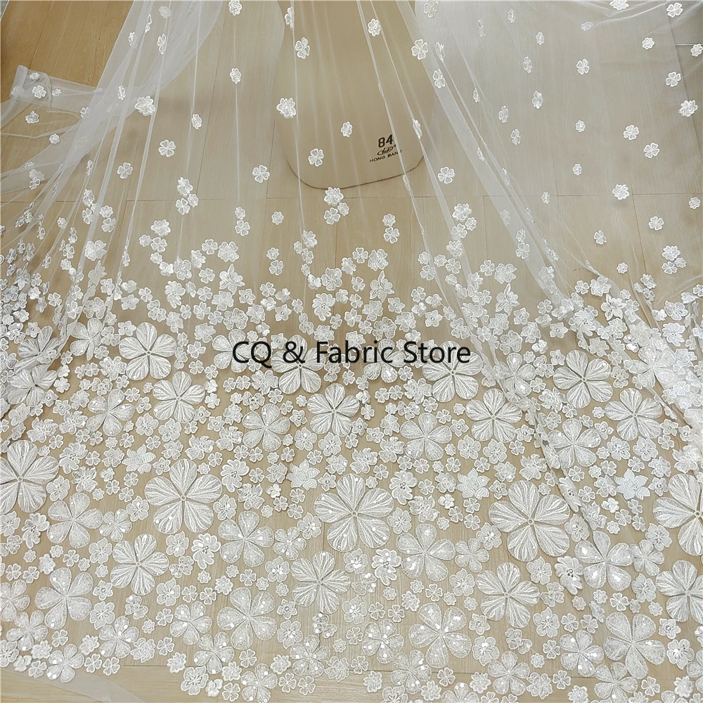 Tessuto di pizzo ricamato a rete con paillettes bianche Tessuto per abito da sposa Accessori fai da te fatti a mano Tessuto di design tagliato a misura