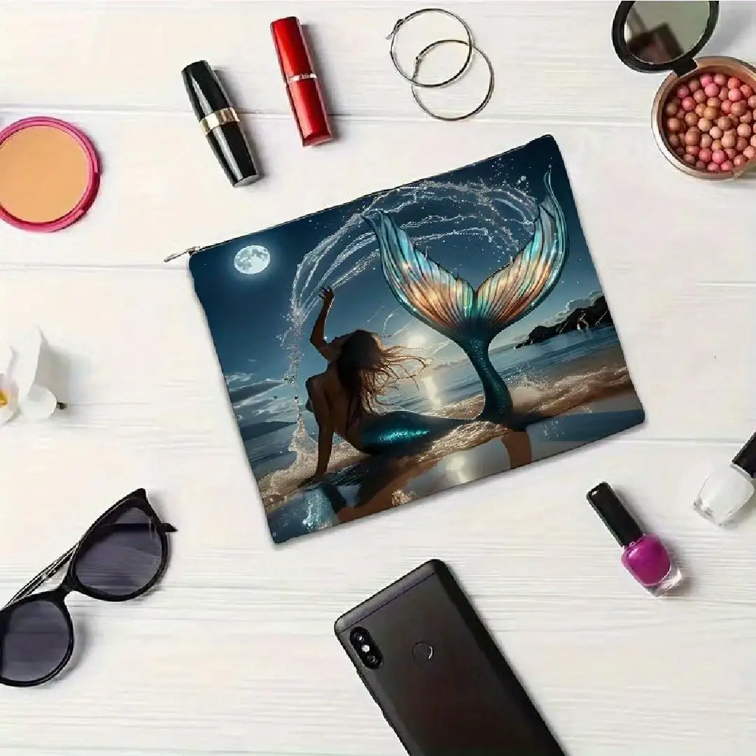 인어 패턴 메이크업 가방 - 여성용 귀여운 다기능 지퍼 파우치, 보석 보관 가방