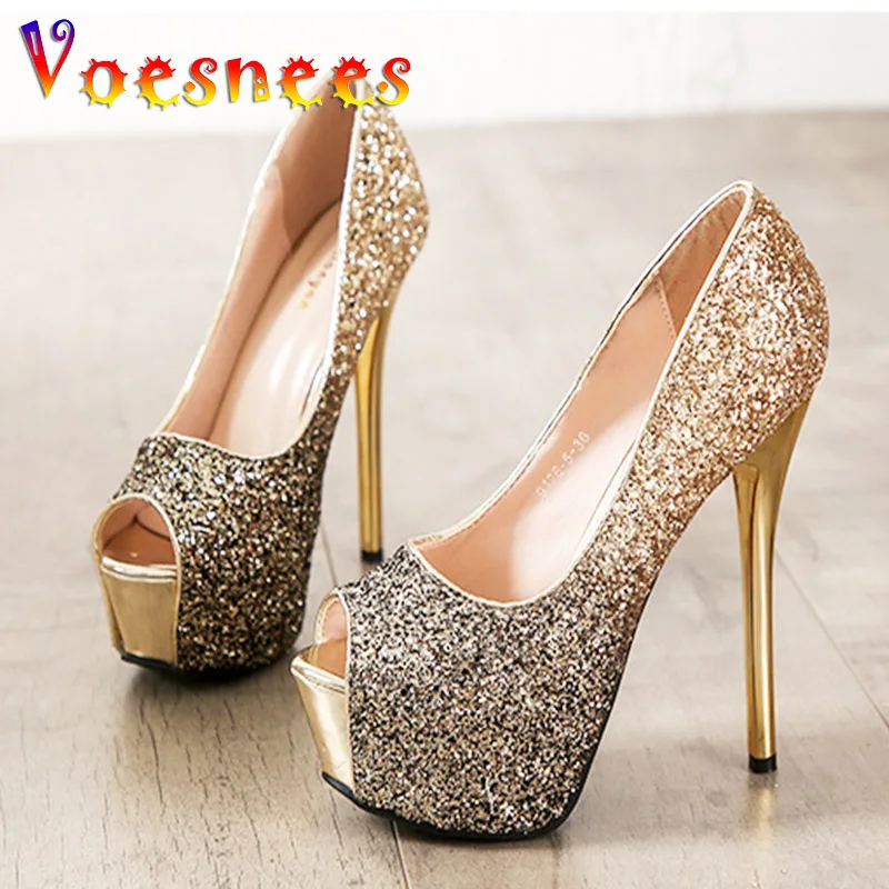 Fashion Sequin Fish Mouth High Heels With Gradient Color Trend Women\'s Shoes European And American Sexy Thin Heels Single Pumps