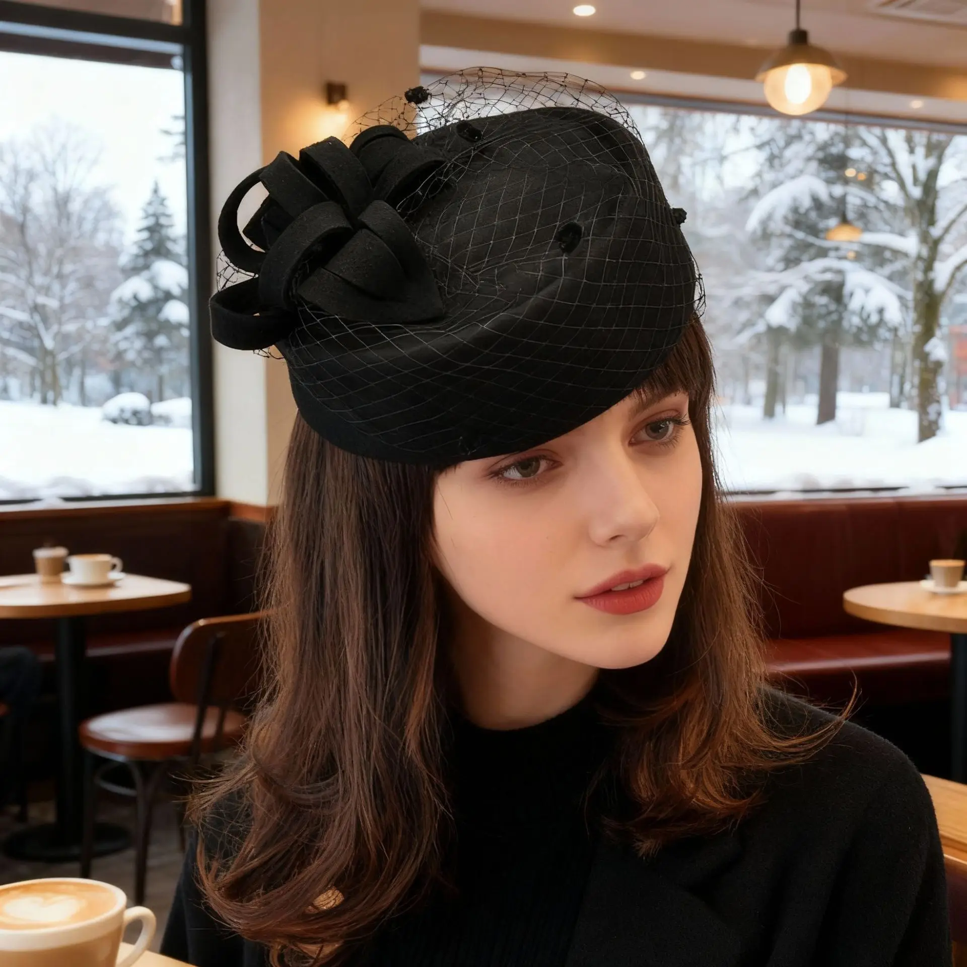 British Style Top Hat for Women Autumn Winter Light Luxury Mesh Stewardess Caps Woolen Lady Elegant Versatile Solid Color Hats