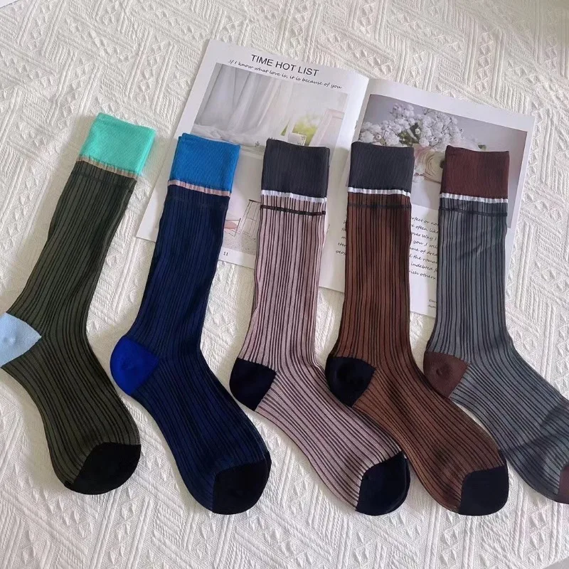 Women Summer Glass Silk Transparent Striped Shoe Inner Pads Thin Breathable Middle Tube Creative Color Blocking Foot Insoles