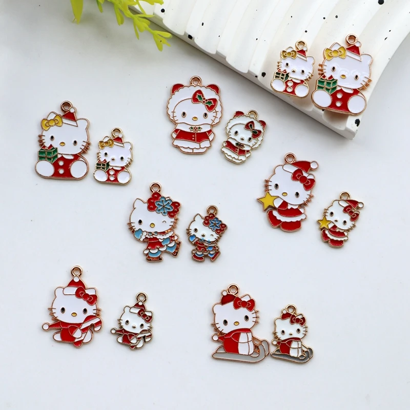

10pcs Hello Kitty Happy New Year Metal Pendant Kawaii Christmas Cute Alloy Charms DIY Necklace Earing Bracelet Keyring Accessory