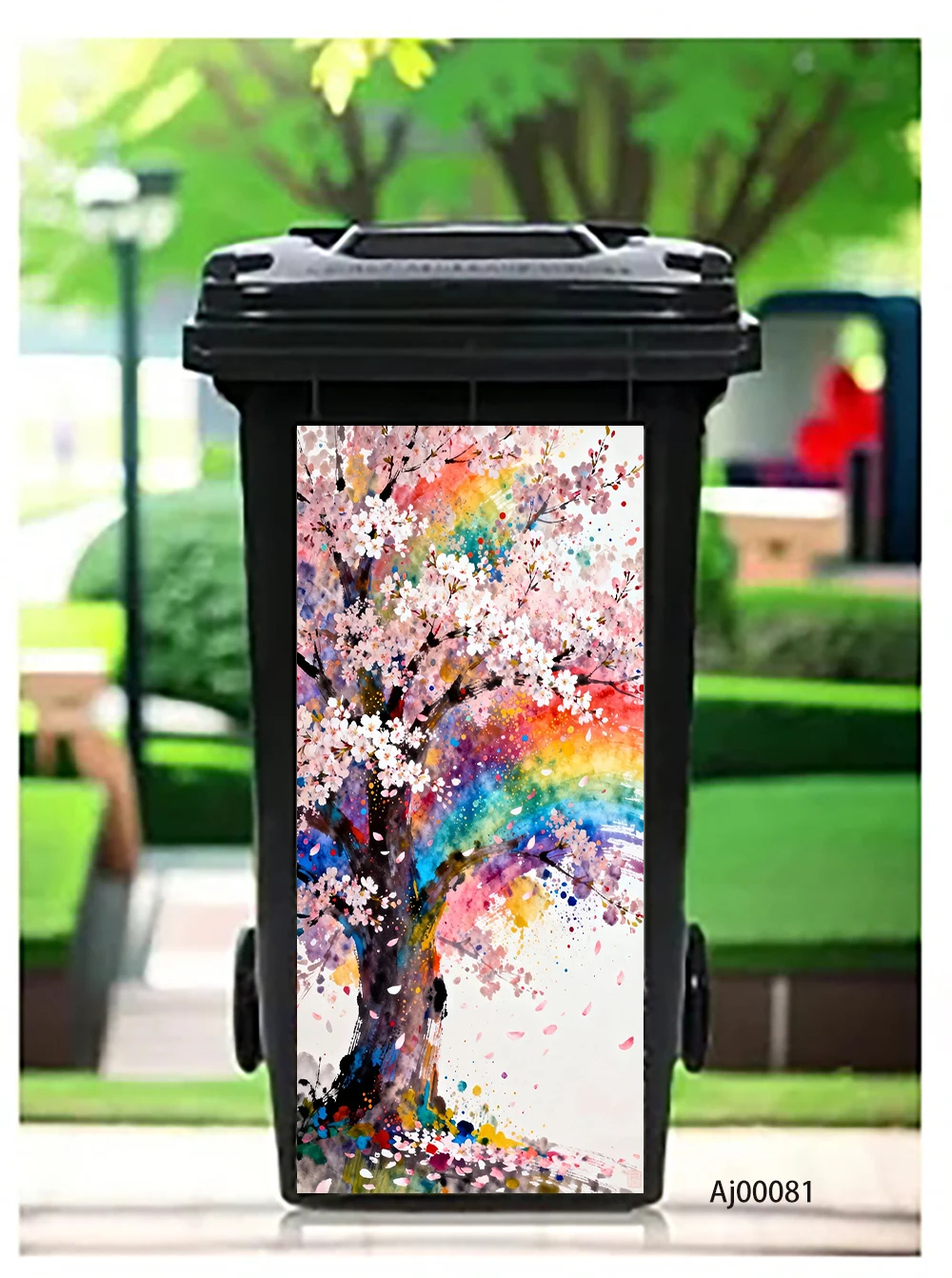 Rainbow Cherry Blossom Trash Can Sticker, Watercolor Floral Design Waterproof Removable Outdoor Garbage Bin Decor