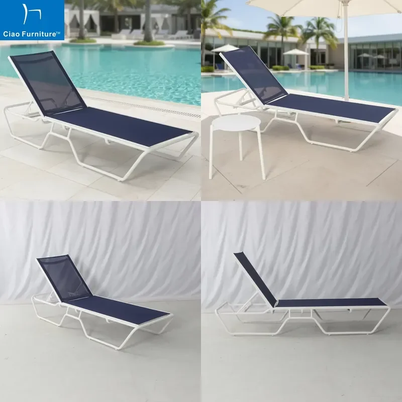 2026 Commercial Hotel Pool Side Deck Furniture Outdoor Beach Aluminum Navy Blue Mesh Fabric Chaise Chairs Sun Lounger