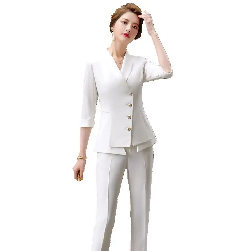 Spring Summer Half Sleeve Blazer and Pant Suit Beige Black Green Office Ladies Formal Business Work Wear Two Piece Set