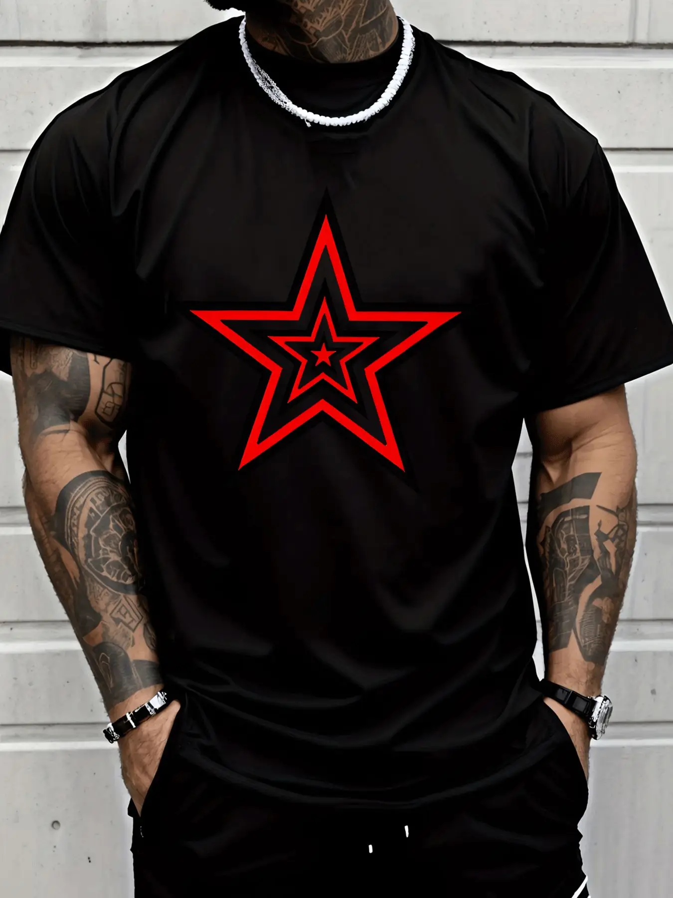 Layered Red Black White Star Pattern Mens Print T Shirt Geometric Art Graphic Tee Casual Short Sleeve Street Style Lover Gift
