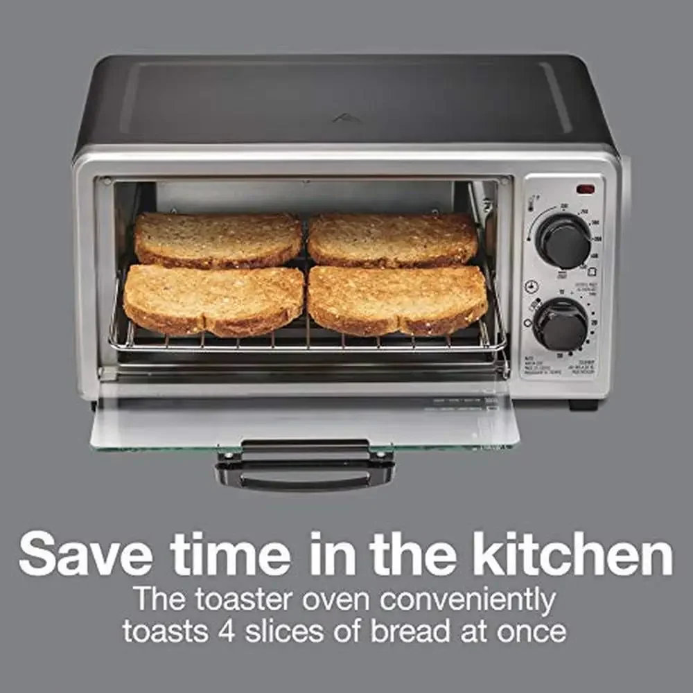 4 Slice Multi-Function Countertop Toaster Oven with Bake Toast Broiler 1100W Timer Auto-Shutoff Bake Pan Oven Rack Stainless