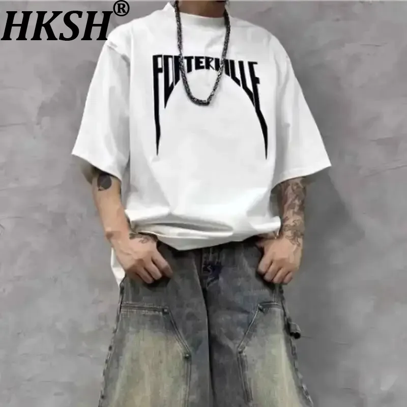 

HKSH Летние новые мужские темные футболки из плотного хлопка, модная вышитая свободная американская ретро шикарная футболка с короткими рукавами HK4843