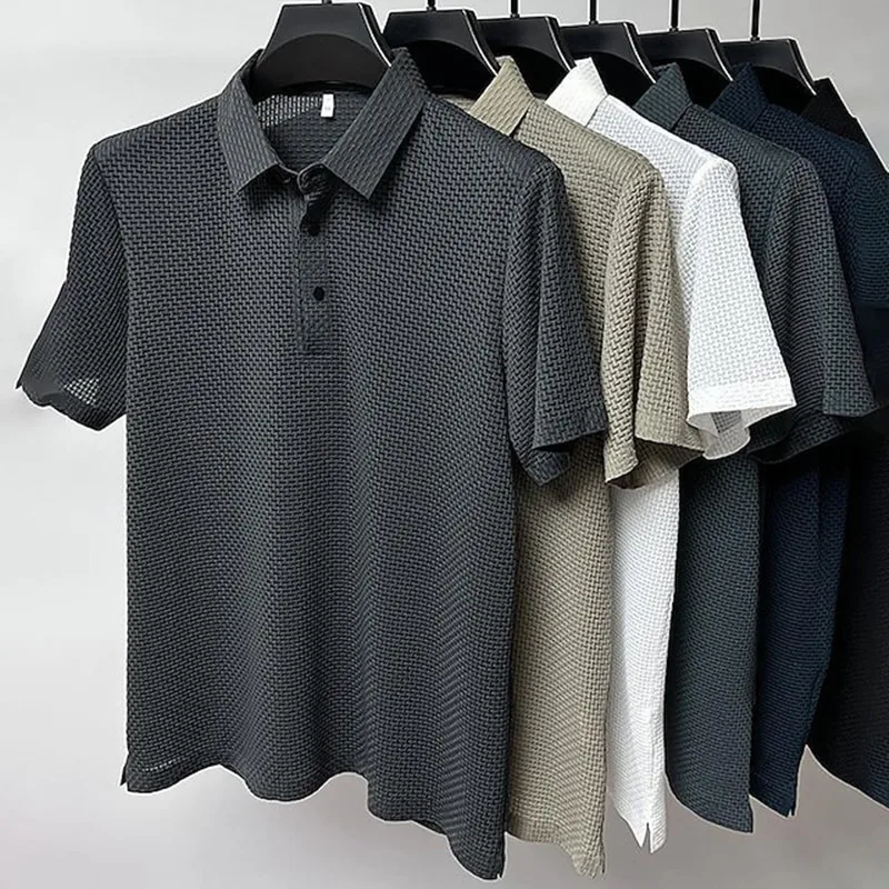 Camisa polo manga curta masculina, camisa fresca e respirável, top casual absorvente de suor, camisa de negócios, verão, alta qualidade, nova