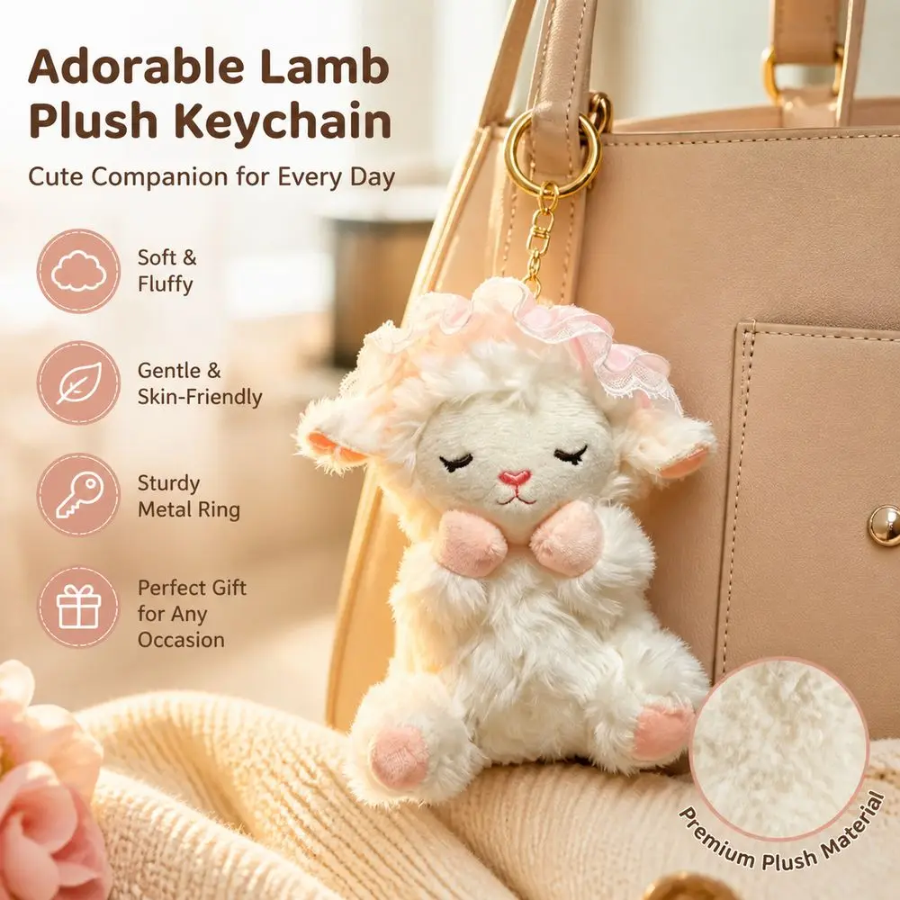 Soft Lamb Keychain Polyester Filling Sleeping Expression Sheep Bag Charm Curly Fur Lobster Clasp Lamb Keyring