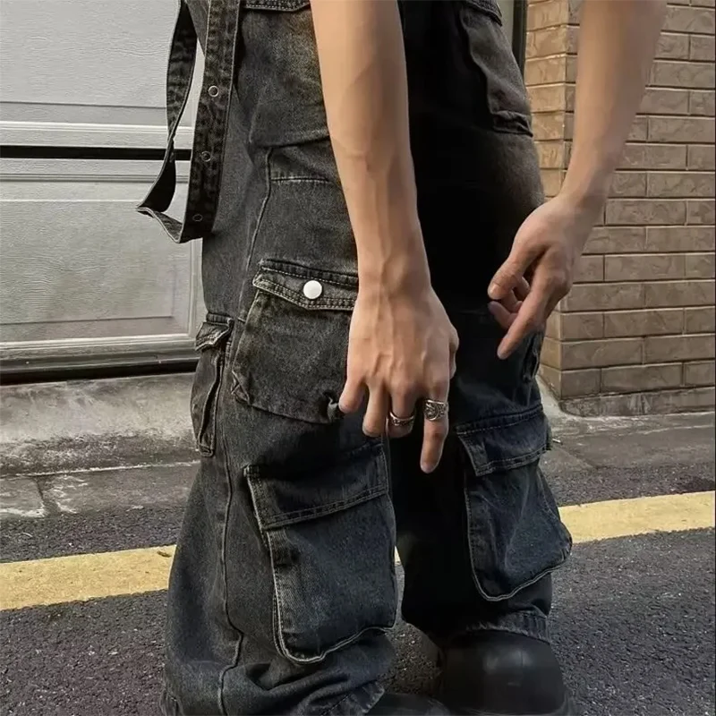 الخريف Y2K شارع العليا الجينز رجالي متعدد جيب الهيب هوب البضائع السراويل خمر مستقيم واسعة الساق سراويل جينز موضة الشارع الشهير