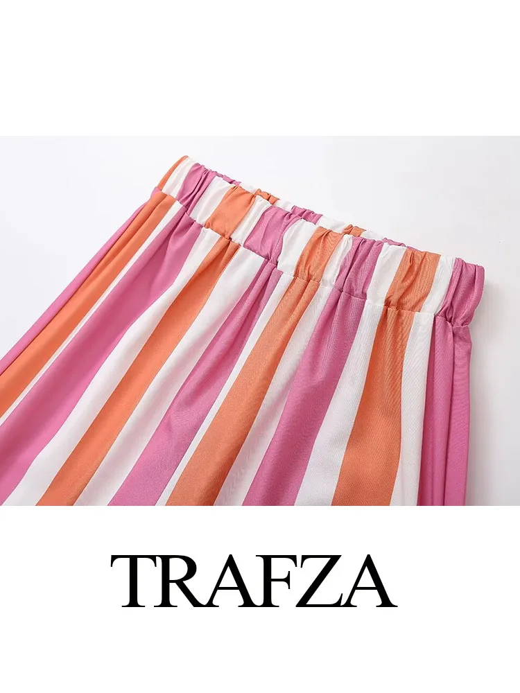 TRAFZA Summer Women Chic Color Matching Suit Elegant Sleeveless Backless Suspender Top+Casual Elastic Waist Wide-leg Pants Mujer