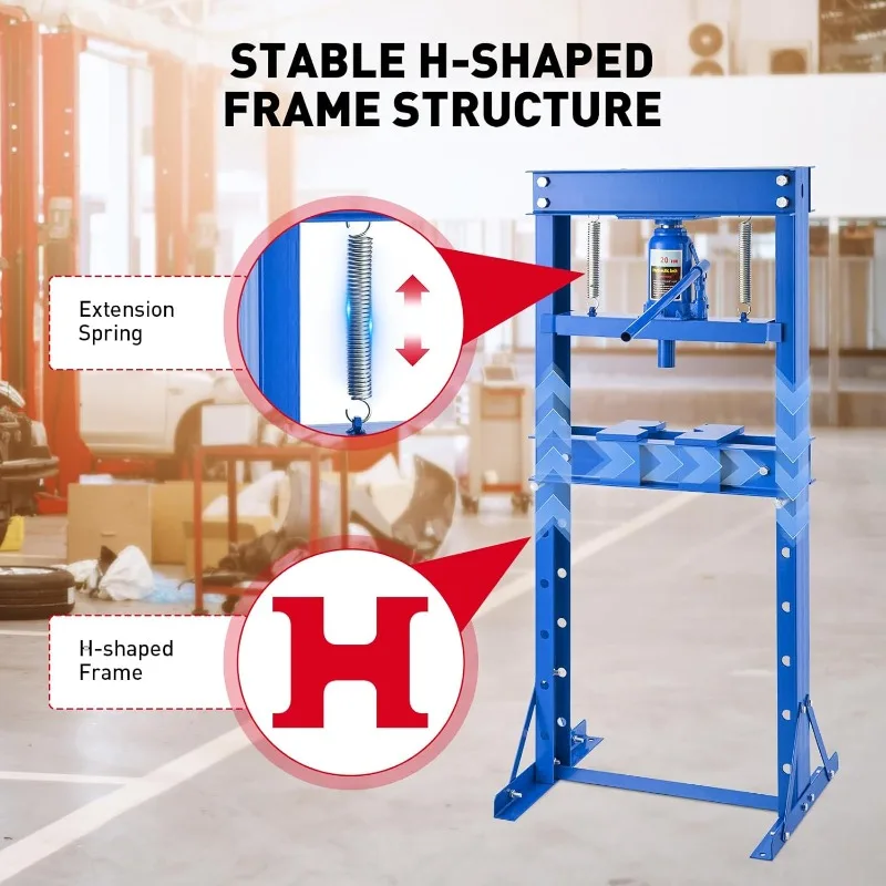 Pressa idraulica 20T, pressa idraulica per negozi da pavimento per garage con telaio a H da 20 tonnellate, pressa idraulica regolabile con piastre, blu