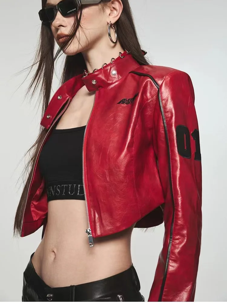 Faux Leather Jacket for Women Letter Print Red Short PU Leather Jackets Autumn Winter Female Casual Streetwear Coat Outerwears