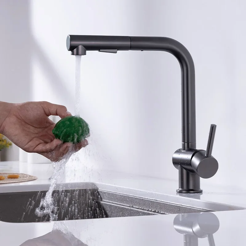 Pull-out kitchen faucet, stainless steel cold and hot sink for washing vegetables and dishes, brushed gold