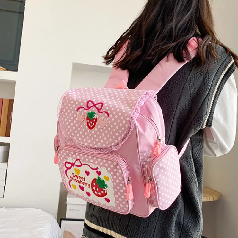 Sweet Cute Print Backpacks Teenage Girls Autumn Embroidery Canvas School Bag Kawaii Pink Strawberry Rucksack 2024 Bolsos Сумка