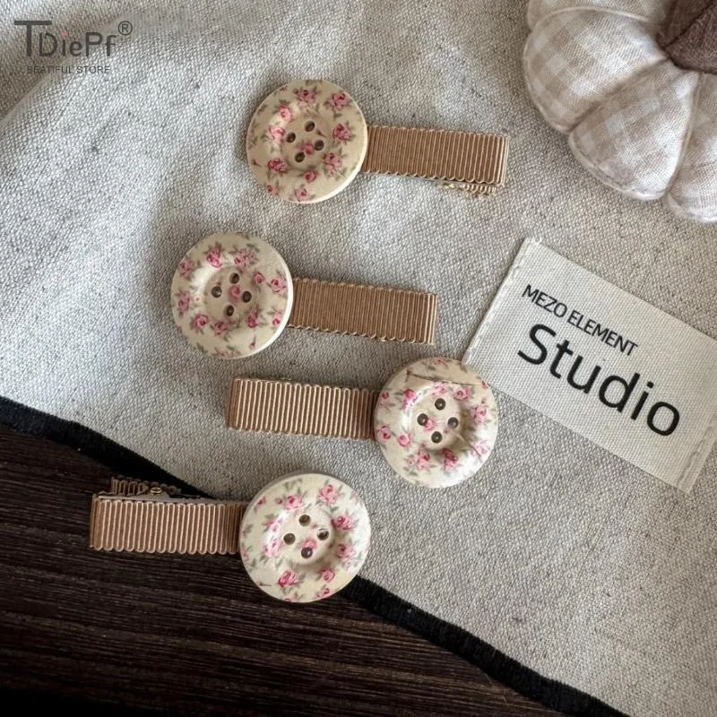 Vintage Button Hair Clips For Women Wooden Floral Barrettes Polka Dot Ribbon Details Hair Accessories Jewelry