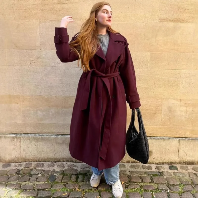 

Stylish Burgundy Woolen Coat Double Breasted Lace Up Jacket Sophisticated Casual Women's Warm Commuting Autumn Winter Streetwear