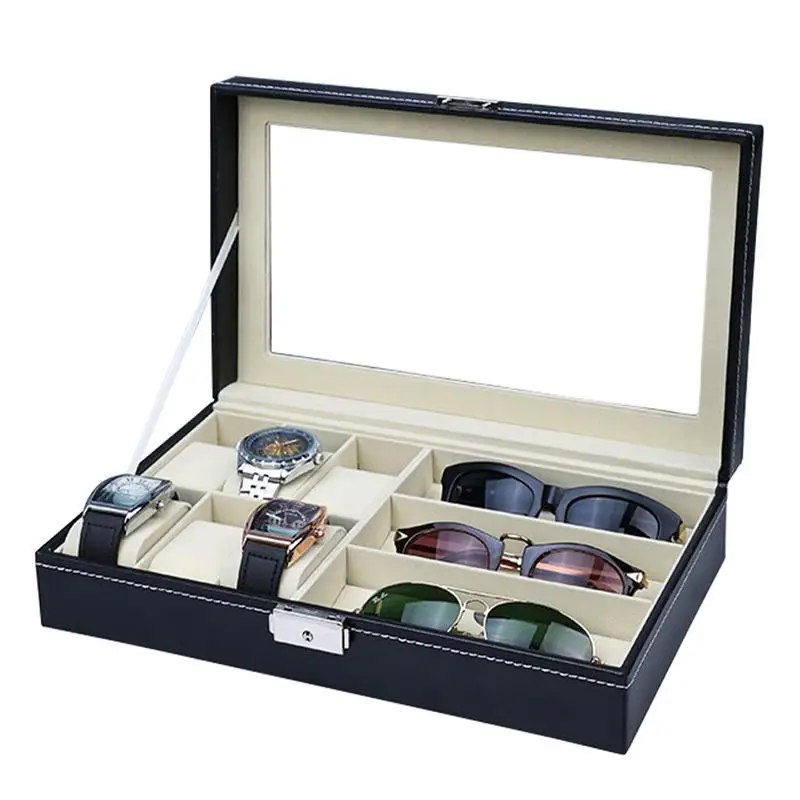 

Sunglass Organizer Watches Eyeglasses Storage Case PU Leather Sunglasses Organizer With Clear Viewing Window For 6 Watch 3