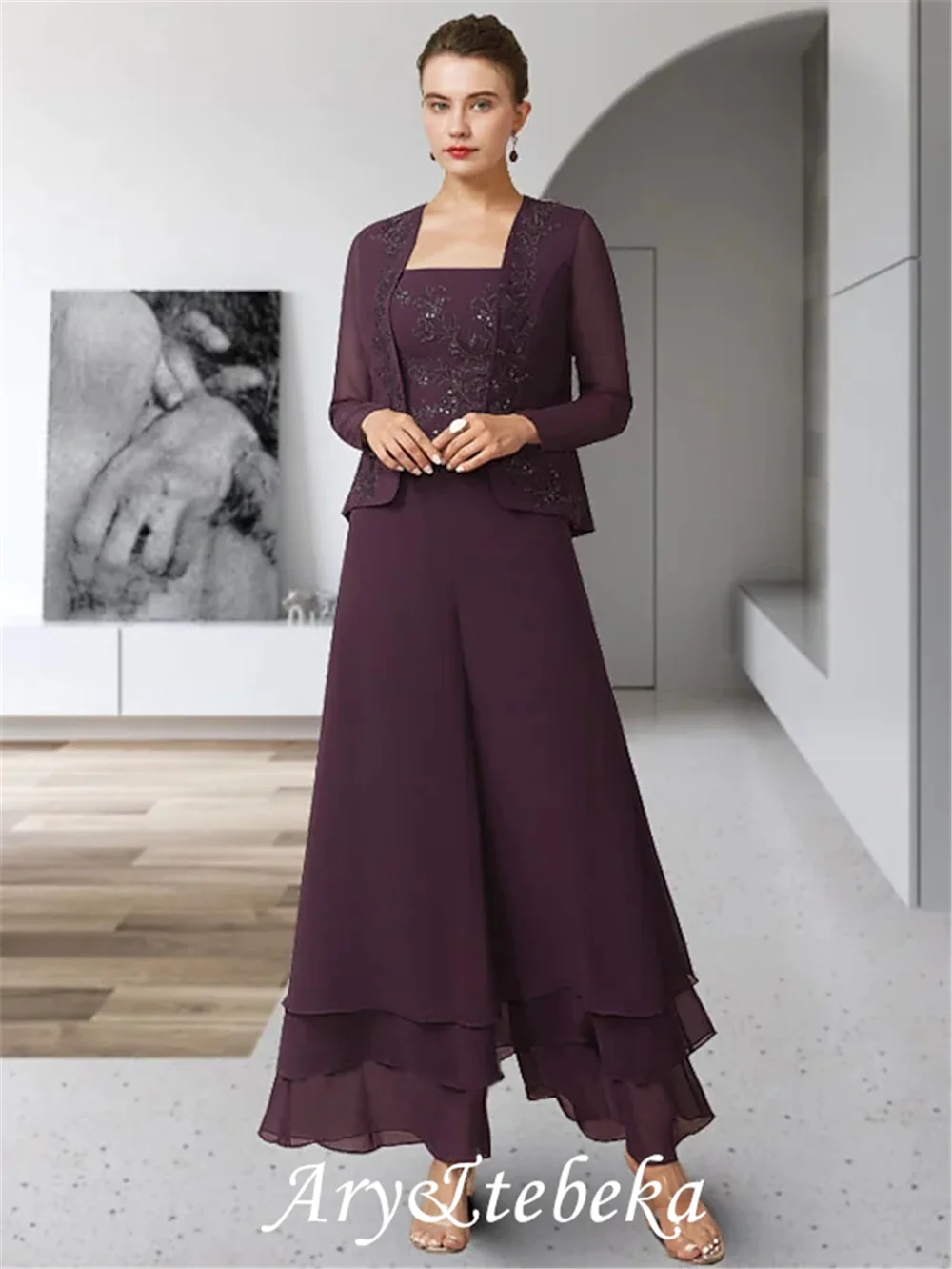 Overall Mutter der Braut Kleid Elegante Square Neck Bodenlangen Chiffon Spitze Ärmellose mit Rüschen Appliques