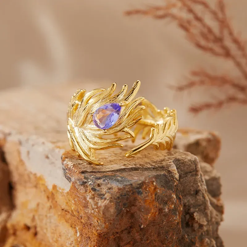 Natural Tanzanite Topaz Garnet Color Treasure Ring Women's S925 Sterling Silver Feather Open Ring Cross-border Explosion