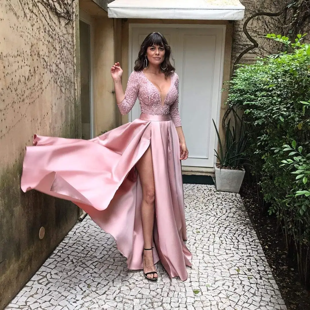 Deep V-Neck Satin Prom Dress for Women, 3/4 Sleeve Formal Evening Gown with Pockets, Elegant Party Dress