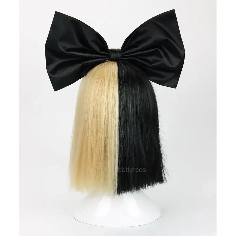 Sia Levend Dit Werkt Half Zwart En Half Lichtblonde Bedekt Ogen En Neus Hittebestendig Haar Cosplay Pruik Cap Strik