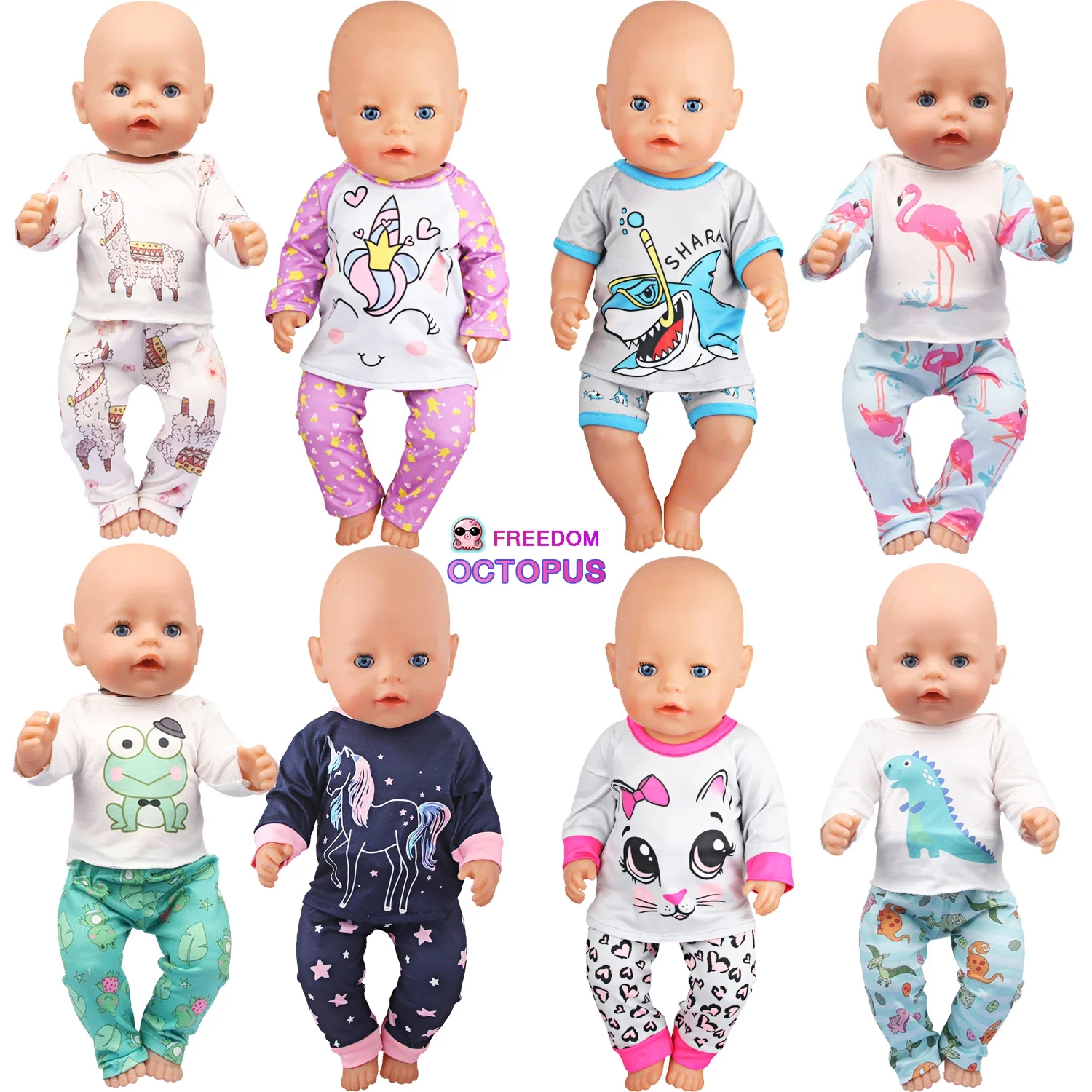 Doll Clothes Pajamas  For 43cm Baby New Born&American 18 Inch Girl Doll Unicorn Shark Cartoon Clothes Suit For Generation Doll