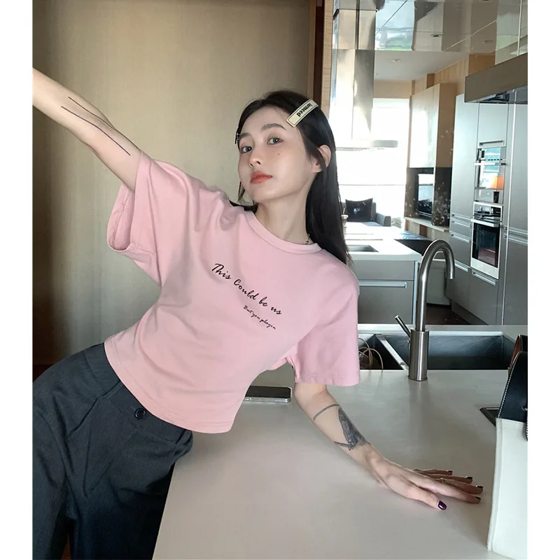 pink-letter-print-waist-cinching-ort-sve-t-irt-women's-korean-sle-versatile-ele-design-trendy-youthful-top