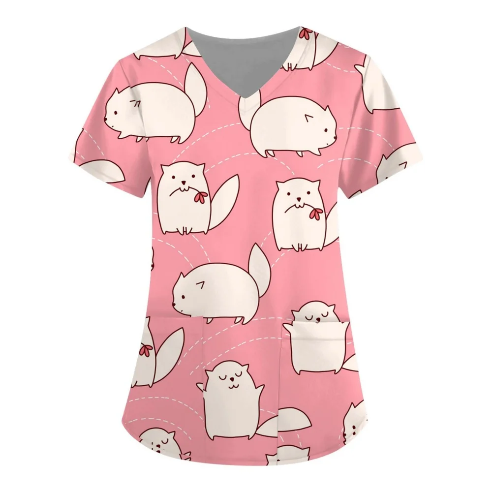 Uniforme médico para mujer, Tops de enfermera veterinaria con estampado de animales bonitos, moda con cuello en V, manga corta con bolsillos, uniforme clínico para mujer